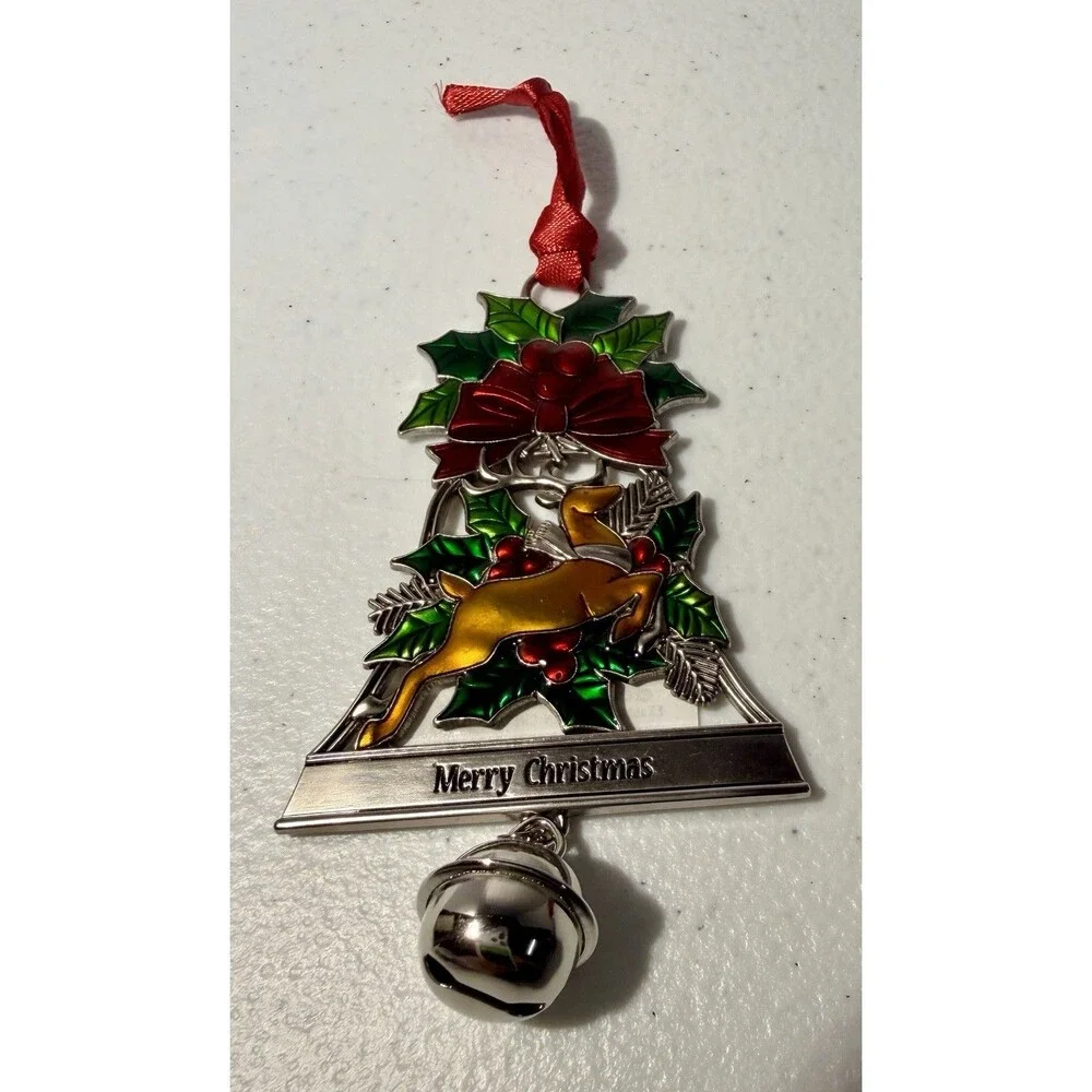 Ganz Christmas Ornament Bell Holly Reindeer Design “Merry Christmas”
